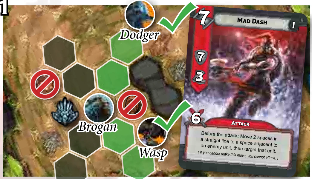 Brogan’s Mad Dash card, with Dodger and Wasp ticked as legal targets and the minions next to him crossed out