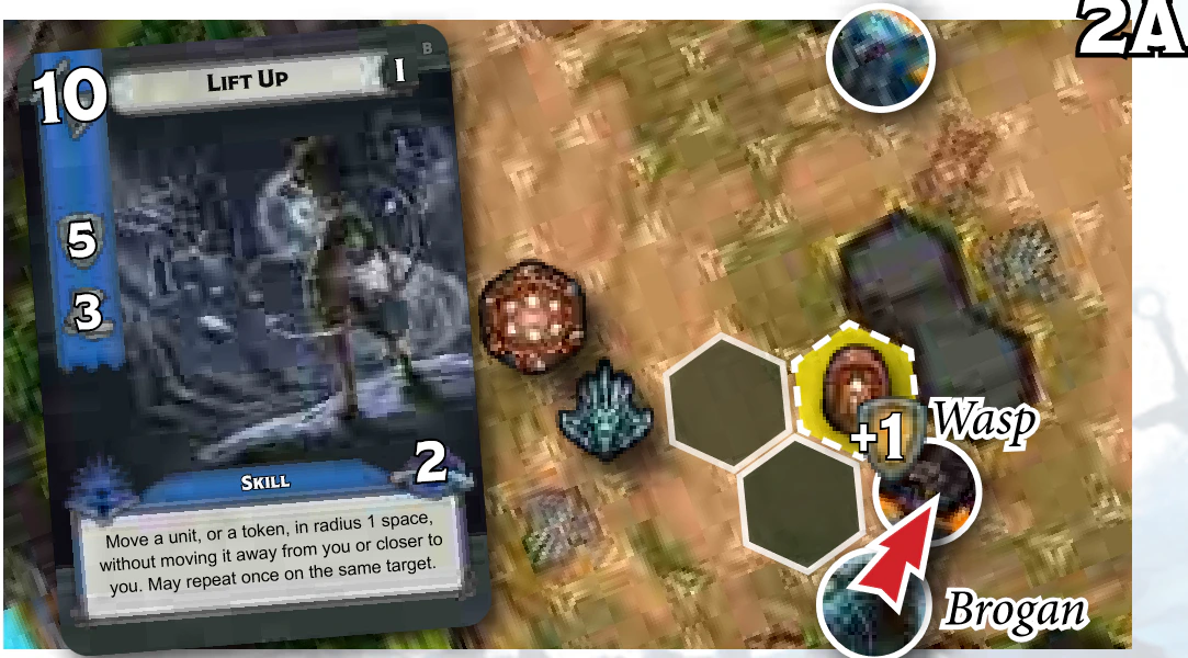 Wasp’s Lift Up card, with Brogan attacking Wasp next to a friendly melee minion
