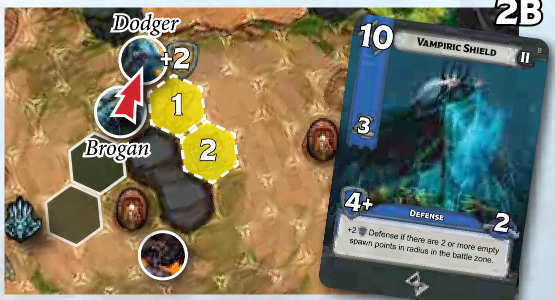 Dodger’s Vampiric Shield card, with two empty minion spawn points within 2 spaces of her highlighted
