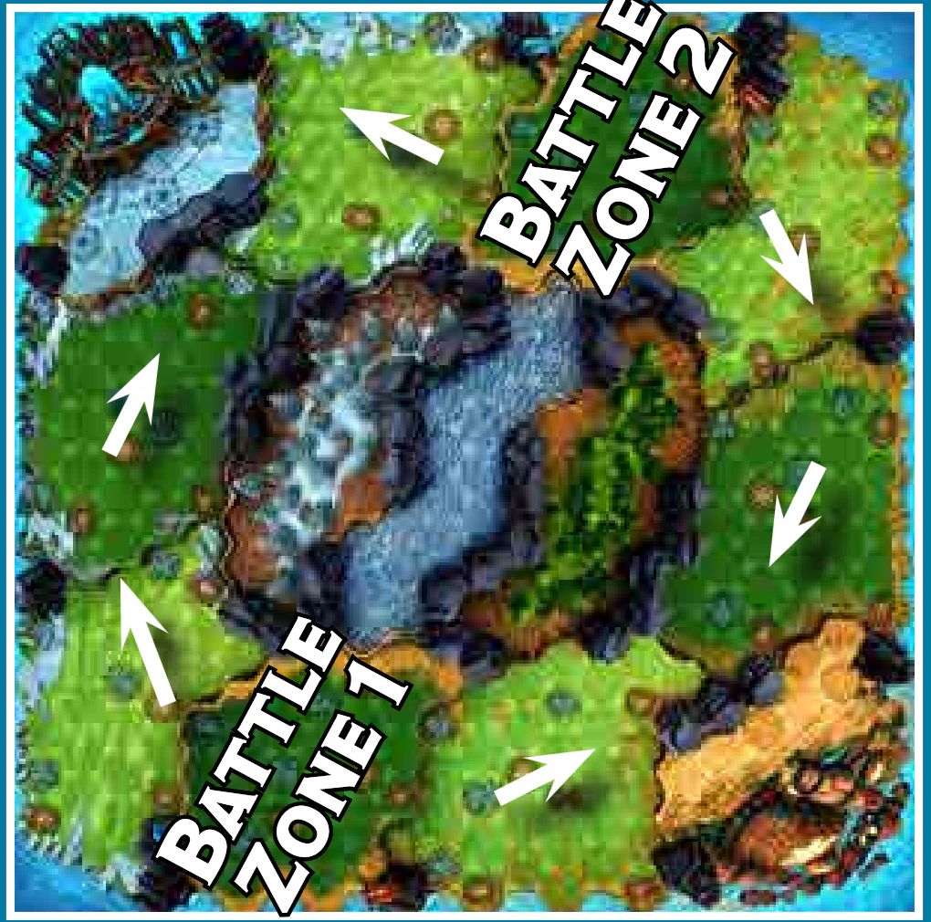 The double-lane map with Battle Zone 1 and Battle Zone 2 marked and arrows along both lanes