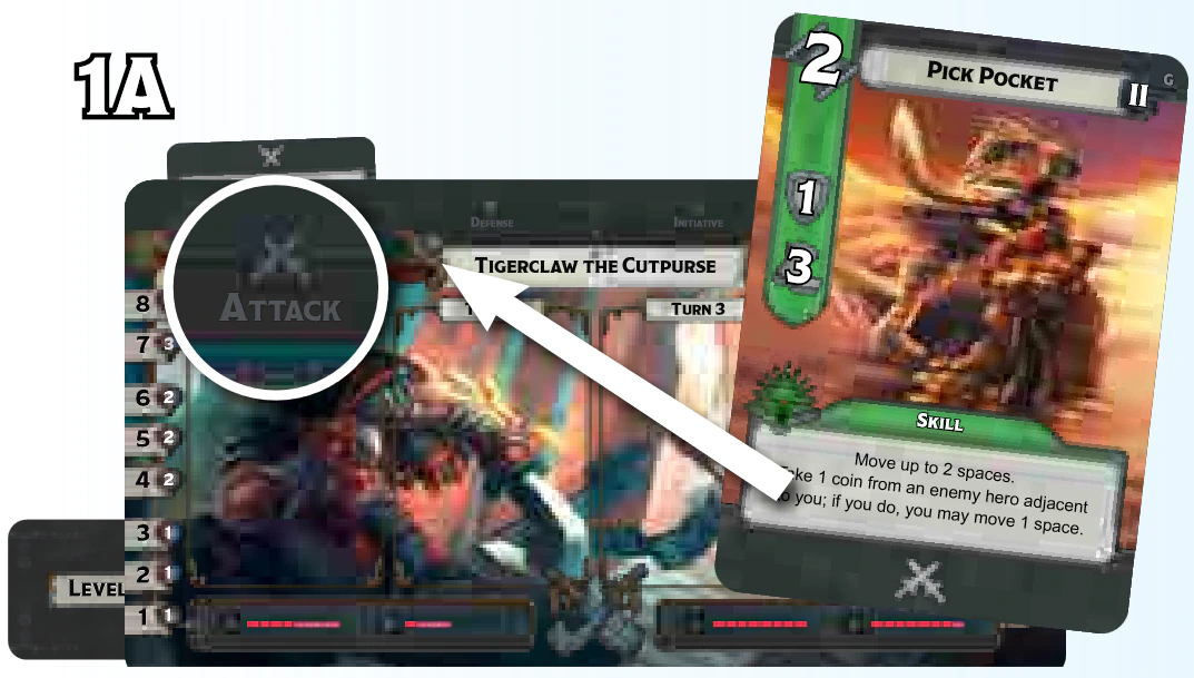 The card Pick Pocket being tucked under the Attack slot of Tigerclaw’s dashboard