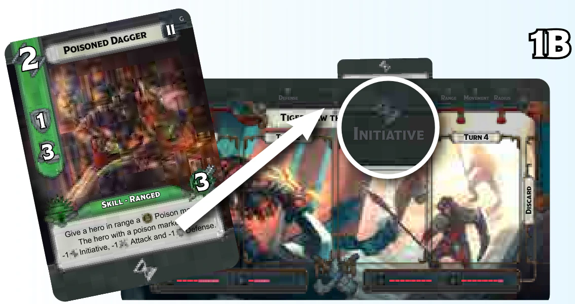 The card Poisoned Dagger being tucked under the Initiative slot of Tigerclaw’s dashboard
