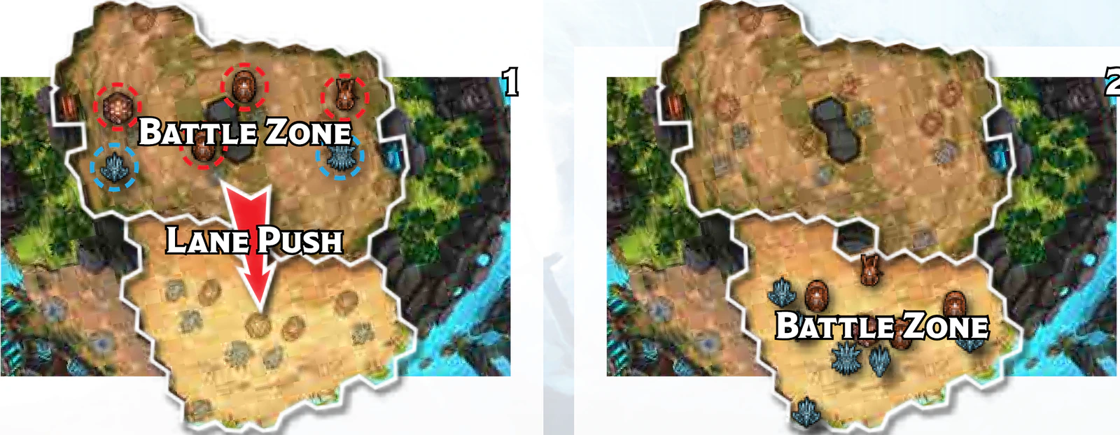 Two board snapshots: a Battle Zone where Blue loses its last minions, and the new Battle Zone one Zone closer to the Blue Throne