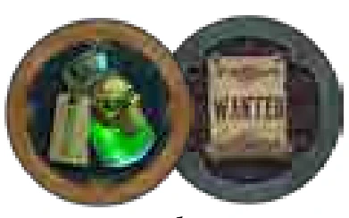 Two marker tokens: a green potion and a wanted poster