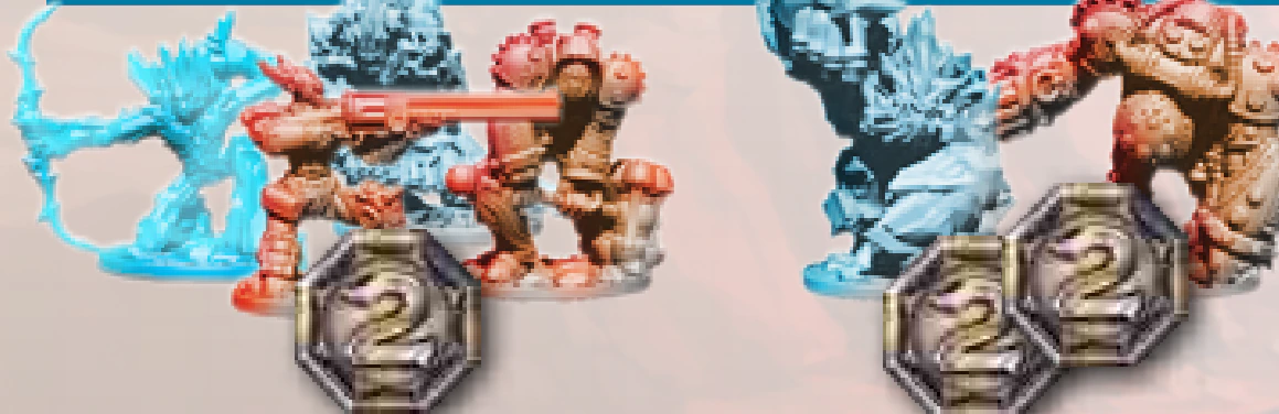 Melee and ranged minions beside a 2-coin token, and a heavy minion beside two 2-coin tokens