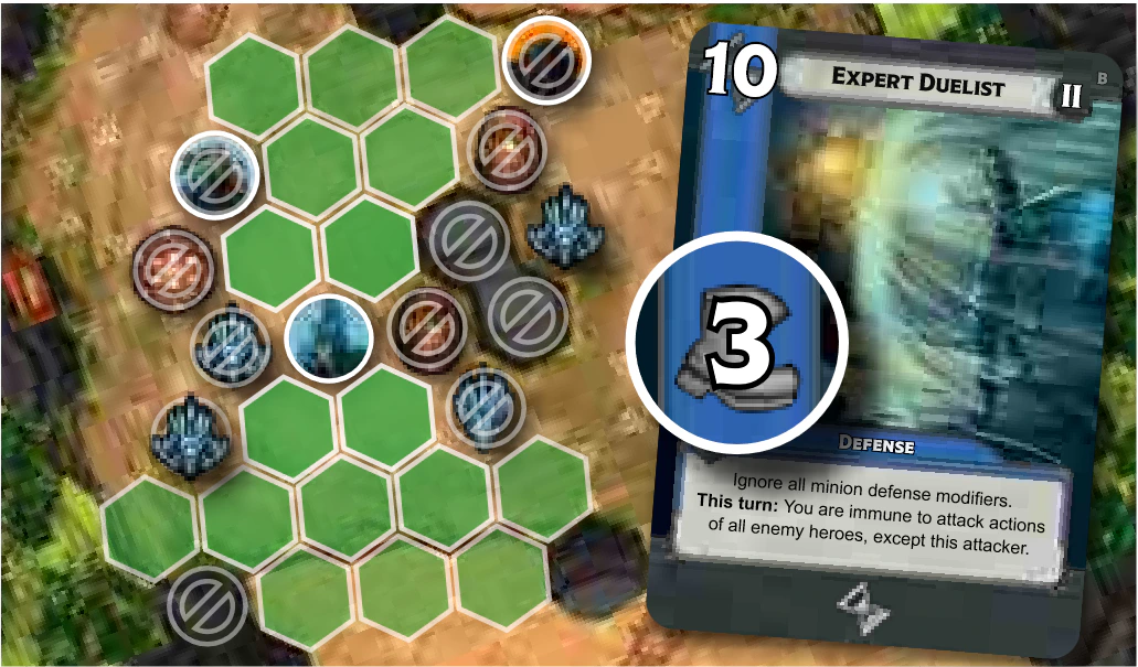 Arien with a Blue card showing a secondary Movement value of 3, and the spaces he can reach highlighted in green