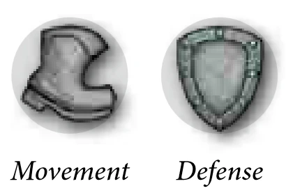 Grey secondary action icons for Movement and Defense