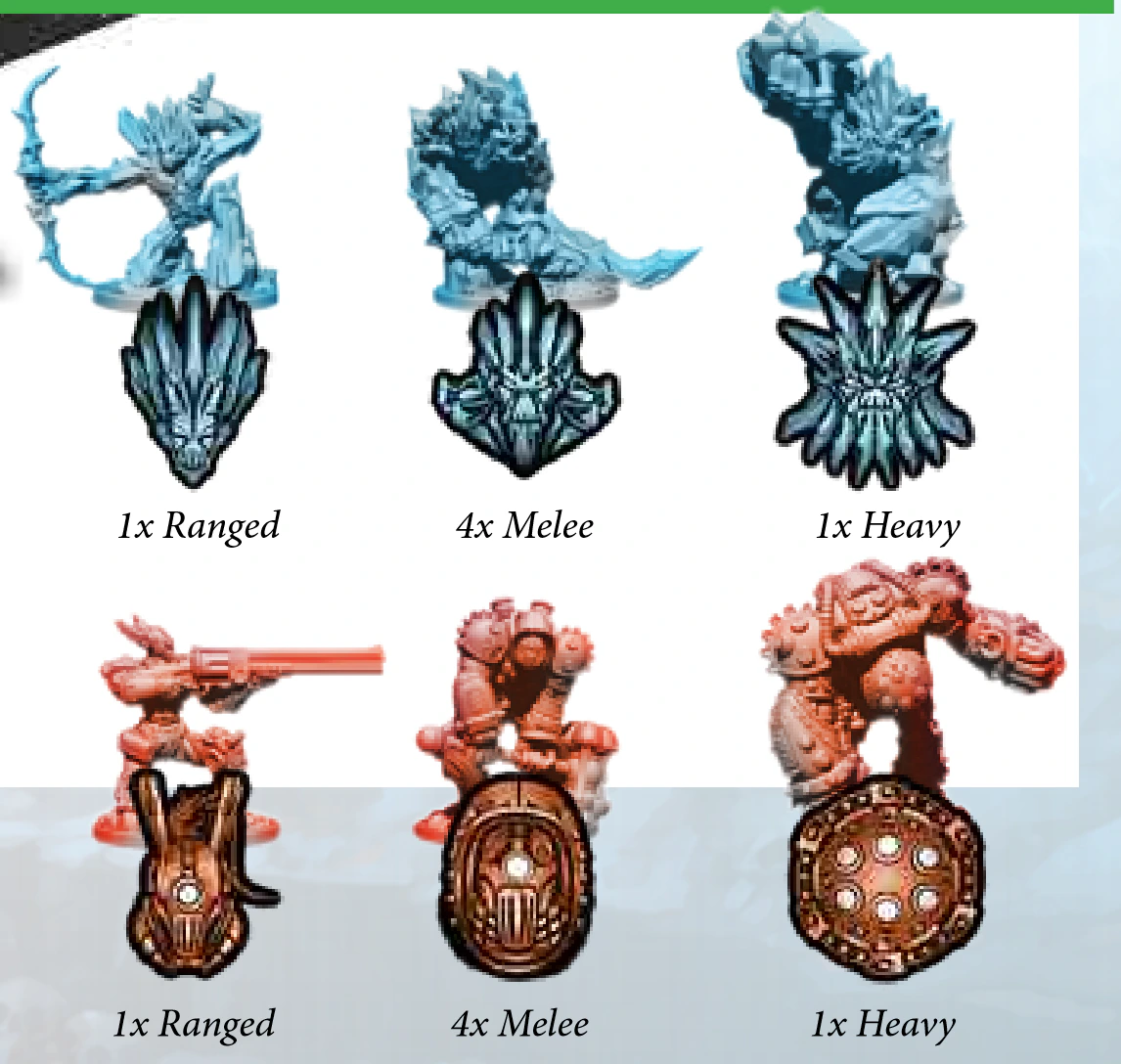 Blue and red minion miniatures above their spawn point icons: 1 Ranged, 4 Melee and 1 Heavy per team