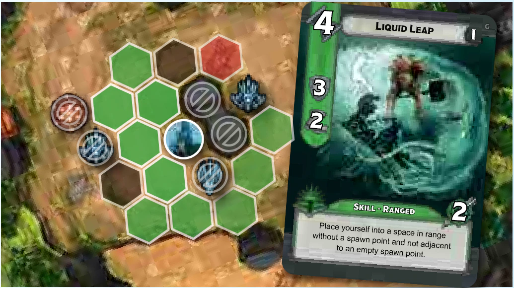 Arien’s Liquid Leap card beside the board, with the spaces he may place himself into highlighted in green
