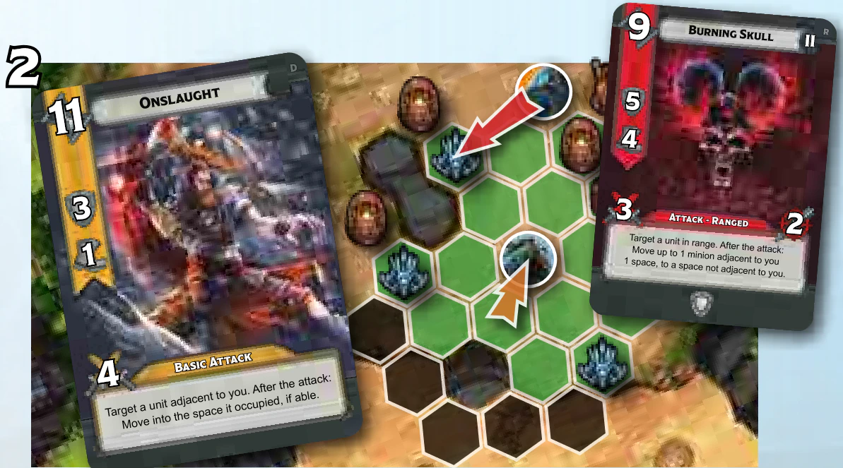 Brogan’s Onslaught card and Dodger’s Burning Skull card, with Brogan moving one space so the melee minion falls inside his radius