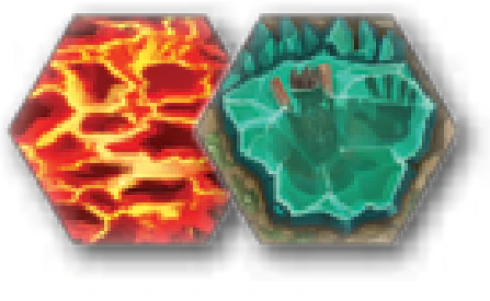 A lava token and a green water token